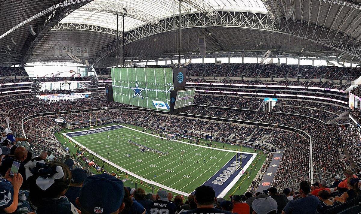 Interior of AT&T Stadium in Arlington, Texas during a packed NFL game