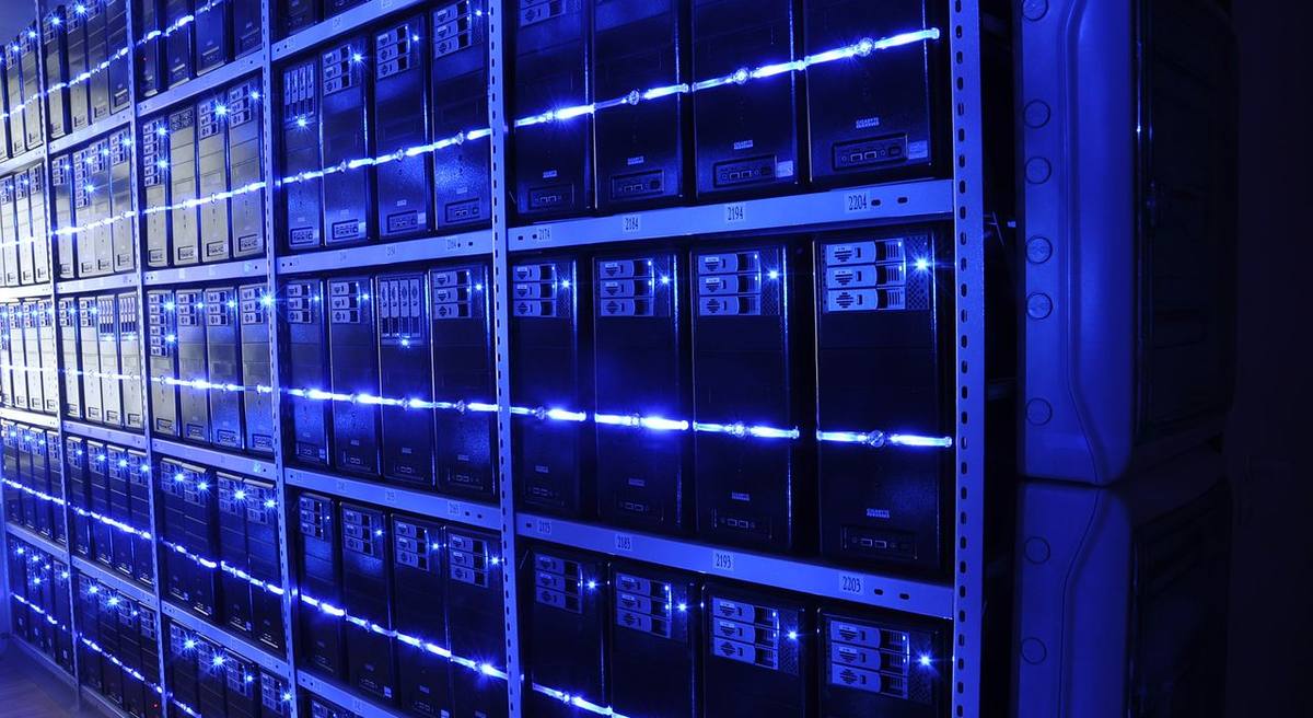 Rows of server racks inside a data centre