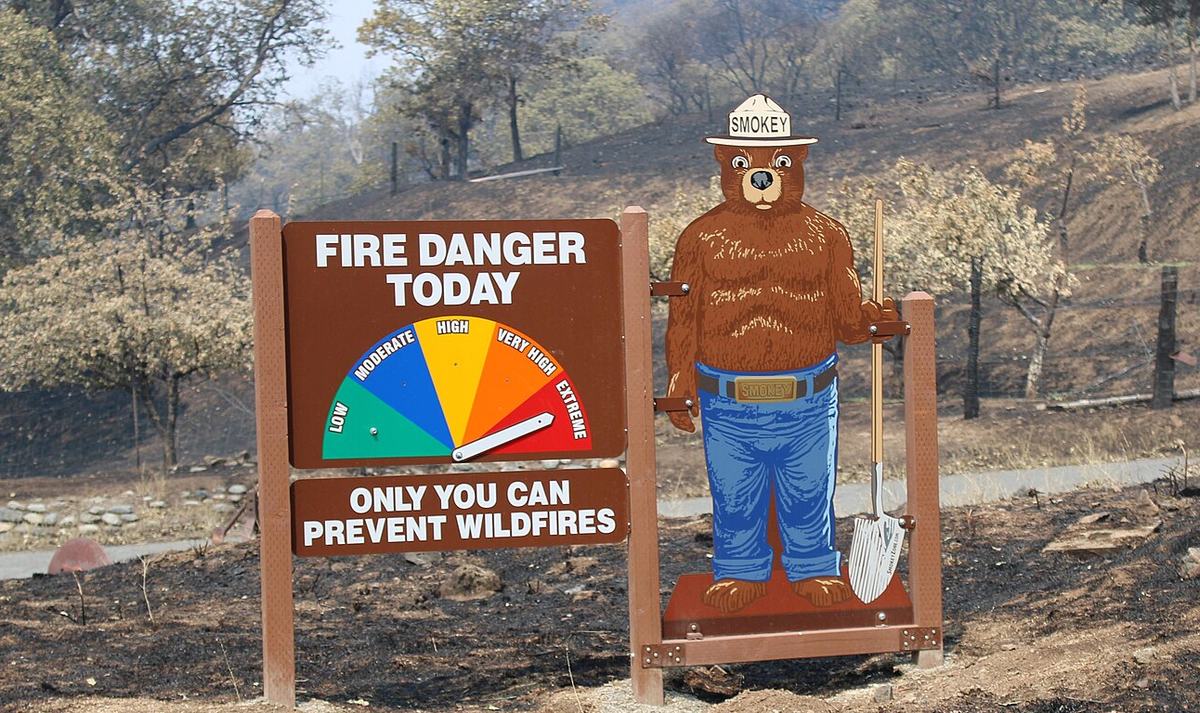 A Fire Danger Today sign with the gauge pointing to Extreme