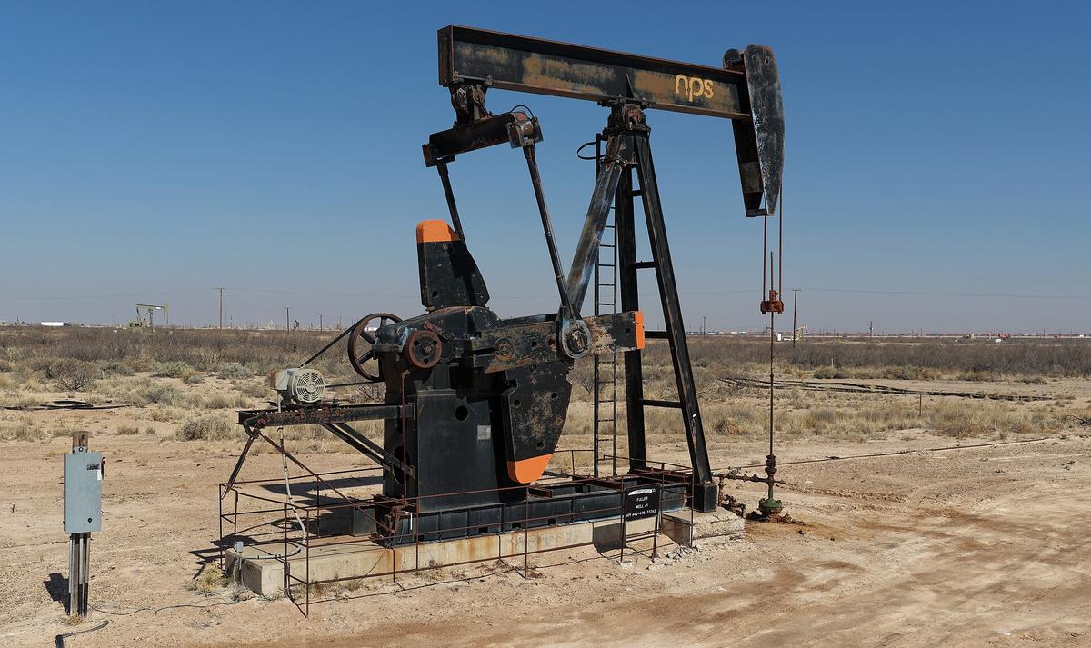 An oil pumpjack operating in the Permian Basin of West Texas